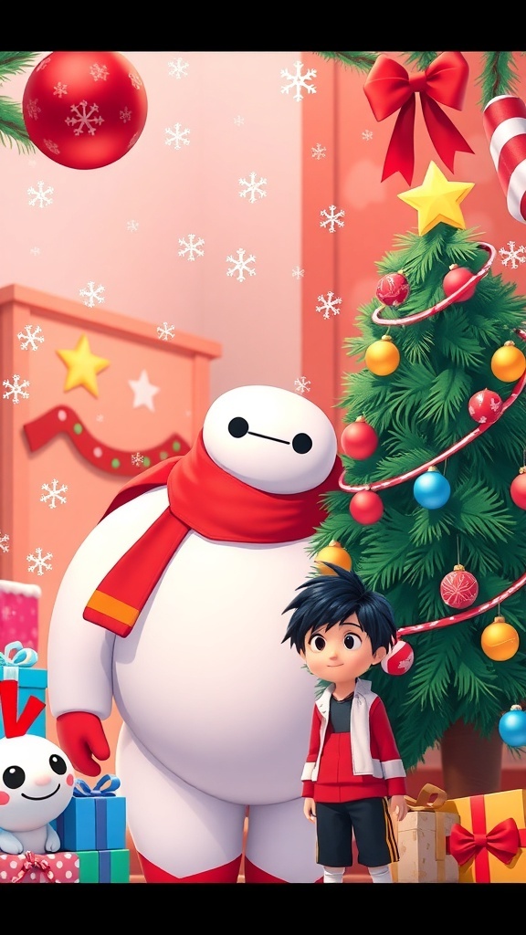 Big Hero 6 characters in a Christmas setting with festive decorations.